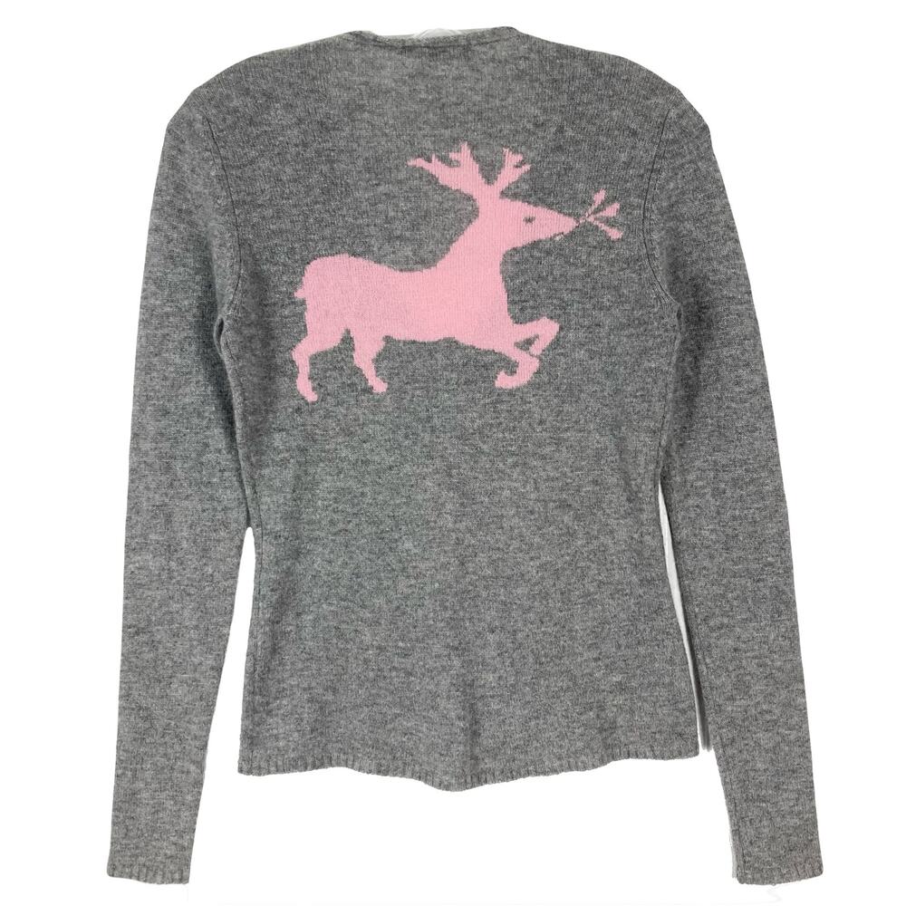 Nwot ALASHUN Sweater S Grey Cashmere Pink-Reindeer Long-Sleeve Scoop-Neck